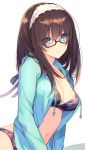  1girl argyle argyle_bikini bespectacled bikini bikini_under_clothes black_hair blue_eyes blush breasts glasses hairband hood hoodie idolmaster idolmaster_cinderella_girls leaning_forward long_hair mayachi_(amuriya) medium_breasts navel open_clothes open_hoodie sagisawa_fumika smile solo swimsuit twitter_username 