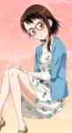  1girl blue_jacket blush brown_eyes brown_hair collarbone dress glasses hair_ornament hands_together invisible_chair jacket looking_at_viewer nisekoi onodera_kosaki short_hair_with_long_locks sitting solo white_dress 