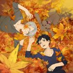  2boys autumn_leaves black_hair blue_eyes blurry brown_eyes depth_of_field dog from_above jewelry katsuki_yuuri lying makkachin male_focus multiple_boys on_back one_eye_closed open_mouth ring silver_hair smile tongue tongue_out viktor_nikiforov you_(gay322k) yuri!!!_on_ice 