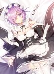  1girl apron bangs black_bow black_ribbon bow breasts cleavage closed_mouth cosplay detached_sleeves fate/grand_order fate_(series) garter_belt glasses glasses_removed headdress long_sleeves looking_at_viewer maid maid_apron maid_headdress necomi_(gussan) pink_hair purple_ribbon re:zero_kara_hajimeru_isekai_seikatsu rem_(re:zero) rem_(re:zero)_(cosplay) ribbon shielder_(fate/grand_order) short_hair smile solo violet_eyes white_legwear 