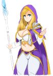  1girl blonde_hair blue_eyes breasts hood long_hair medium_breasts midriff rylai_crestfall saruton simple_background solo staff thighs warcraft white_background 