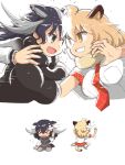  animal_ears antlers bandaid_on_forehead black_hair blonde_hair fur_collar hair_between_eyes highres kemono_friends lion_(kemono_friends) lion_ears lion_tail long_hair moose_(kemono_friends) moose_ears multiple_girls neri_gozu open_mouth pleated_skirt shirt short_hair short_sleeves skirt tail 