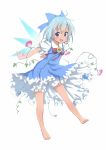  1girl barefoot blue_bow blue_dress blue_eyes blue_hair blush bow cirno commentary_request dress fang flower frilled_dress frills hair_bow hidden_star_in_four_seasons highres ice ice_wings looking_at_viewer open_mouth puffy_short_sleeves puffy_sleeves sekira_ame short_hair short_sleeves smile solo sunflower tan touhou wings 