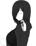  1girl black_hair black_jacket black_legwear breasts closed_mouth coffee_mug commentary_request facing_viewer from_side hair_over_one_eye hand_gesture holding jacket large_breasts long_hair long_sleeves nao_(ritsancrossover) open_clothes open_jacket original shiny shiny_hair skirt smile solo upper_body white_skirt 