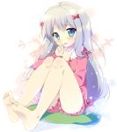 1girl bangs barefoot blue_eyes blush bow embarrassed eromanga_sensei eyebrows_visible_through_hair feet floral_background frills full_body grey_hair hair_bow izumi_sagiri knees_up legs legs_together long_hair long_sleeves looking_at_viewer mikeou open_mouth pajamas pink_bow silver_hair sitting sitting_on_pillow solo thighs toes 