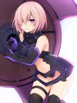  1girl armor armored_dress bangs bare_shoulders black_dress black_gloves black_legwear blush breasts commentary_request dress elbow_gloves fate/grand_order fate_(series) gloves hair_over_one_eye lavender_hair leotard looking_at_viewer muryou navel navel_cutout shield shielder_(fate/grand_order) short_hair simple_background smile solo thigh-highs violet_eyes white_background 