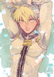  1boy arms_up blonde_hair bright_pupils chains cosplay fate/extra fate/prototype fate_(series) genderswap genderswap_(ftm) green_eyes lock looking_at_viewer male_focus saber_(fate/prototype) saber_bride saber_bride_(cosplay) saber_extra skin_tight upper_body 