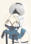  1girl asymmetrical_clothes bandage bandaged_arm bandaged_leg bangs bare_shoulders black_gloves black_hairband black_ribbon blindfold blue_dress breasts brown_legwear cleavage collarbone cosplay covered_eyes cowboy_shot dress elbow_gloves frilled_panties frills gloves gluteal_fold grey_hair hairband highres kaine_(nier) kaine_(nier)_(cosplay) large_breasts leaning_forward leaning_on_object legs_apart lingerie lips looking_at_viewer medium_breasts mole mole_under_mouth negligee nier nier_(series) nier_automata nose panties pink_lips ribbon sash short_hair simple_background solo standing strap_gap swept_bangs sword takeya_(pixiv6774655) thigh-highs underwear weapon white_panties yorha_no._2_type_b 