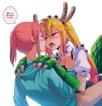  2girls blonde_hair blush claws dragon_girl dragon_tail eye_contact face-to-face fangs glasses hands_on_another&#039;s_shoulders horns hug incipient_kiss kobayashi-san_chi_no_maidragon kobayashi_(maidragon) looking_at_another maid multiple_girls nightea paws ponytail red_eyes redhead scales sitting sweatdrop tail teeth thought_bubble tongue tongue_out tooru_(maidragon) translated twintails yuri 