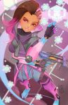  1girl beauty_mark brown_hair brown_skin gun multicolored_hair overwatch pink pink_hair purple shaved_head sidecut skull smile solo sombra_(overwatch) violet_eyes 