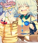  1girl blueberry blush cake closed_eyes coffee coffee_mug eating eyebrows_visible_through_hair food food_on_face fork fruit green_hair happy ice_cream iroyopon knife komeiji_koishi looking_at_viewer open_mouth pancake short_hair smile solo strawberry swiss_roll syrup text third_eye touhou translation_request whipped_cream 