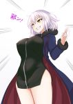  1girl ahoge alternate_costume bangs black_dress breasts casual coat dark_persona dress erect_nipples evil_smile eyebrows_visible_through_hair fate/grand_order fate_(series) fur_coat highres isemagu jeanne_alter jewelry large_breasts looking_to_the_side necklace open_clothes open_coat platinum_blonde ruler_(fate/apocrypha) short_dress short_hair silver_hair simple_background smile solo_focus standing white_background yellow_eyes 