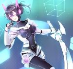  1girl ;d ahoge armor backlighting beifeng_han belt belt_buckle blush bodysuit breasts buckle cleavage cleavage_cutout collarbone covered_navel cube fang foreshortening glowing glowing_eye hair_between_eyes hair_twirling headgear hexagon hexagonal_background highres holding holding_sword holding_weapon leg_up long_hair looking_at_viewer medium_breasts miyaura_sanshio one_eye_closed open_mouth original outstretched_arm ponytail purple_hair shiny shiny_hair shoulder_pads skin_tight smile standing standing_on_one_leg sword unsheathed violet_eyes weapon 