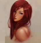  1girl bare_shoulders green_eyes highres lips long_hair looking_at_viewer original profile raikoart redhead signature simple_background solo topless upper_body 