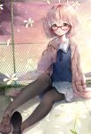  1girl :o bangs black_legwear blush bob_cut brown_eyes brown_shoes cardigan clouds cloudy_sky dutch_angle evening eyebrows_visible_through_hair glasses grey_skirt kuriyama_mirai kyoukai_no_kanata lib long_legs open_cardigan open_clothes open_mouth outdoors pantyhose pink_hair red-framed_eyewear rooftop sailor_collar school_uniform shoes short_hair sitting skirt sky sleeves_past_wrists solo white_flower 