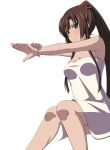  1girl armpits blush breasts brown_hair cleavage green_eyes hair_ribbon high_ponytail invisible_chair kirasaka_sayaka long_hair looking_at_viewer medium_breasts naked_towel pink_ribbon ribbon sitting smile solo strike_the_blood towel transparent_background very_long_hair white_towel 