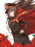  1girl absurdres bangs blurry brown_hair chains cloak closed_mouth cowboy_shot demon_archer depth_of_field dutch_angle eyebrows_visible_through_hair fate_(series) floating_hair gloves grey_gloves hand_on_hip hat highres koha-ace long_hair looking_at_viewer maosame military military_hat military_uniform peaked_cap petals red_eyes red_flower smile solo standing uniform white_background 