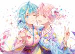  2girls ahoge blue_eyes blue_hair blue_kimono blush clenched_hand dsmile floral_print hair_ornament japanese_clothes kimono leaning_forward light_smile lips looking_at_viewer low_ponytail multiple_girls obi one_eye_closed one_side_up open_mouth original pink_eyes pink_hair pink_kimono sash side_ponytail upper_body wide_sleeves 