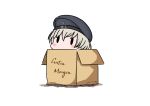  1girl 2017 absurdres box cardboard_box dated german hat hatsuzuki_527 highres in_box in_container kantai_collection sailor_hat short_hair silver_hair simple_background solid_oval_eyes solo translated twitter_username white_background z1_leberecht_maass_(kantai_collection) 