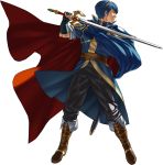  1boy armor belt blue_hair boots cape falchion_(fire_emblem) fingerless_gloves fire_emblem fire_emblem:_mystery_of_the_emblem fire_emblem_heroes full_body gloves highres holding holding_weapon knee_boots kozaki_yuusuke male_focus marth official_art pants short_hair sleeves_rolled_up solo sword tiara transparent_background weapon 