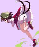  1girl animal_ears bloomers blush brown_hair cat_ears cat_tail chen earrings fang_out frilled_skirt frills full_body green_hair jewelry lavender_background leg_up long_sleeves looking_at_viewer looking_back multiple_tails red_eyes red_shoes red_vest shirt shoes short_hair skirt solo stepping tail tamagogayu1998 touhou two_tails underwear vest white_legwear white_shirt 