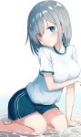  1girl alternate_costume barefoot black_shorts blue_eyes blush breast_hold breasts hair_ornament hairclip hamakaze_(kantai_collection) highres kantai_collection large_breasts shikuro_(iorimiyakiyo) shirt short_hair short_sleeves shorts silver_hair solo sportswear water white_shirt 