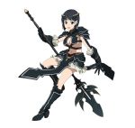  1girl armor armored_boots black_boots black_eyes black_hair boots breasts cleavage full_body gauntlets hair_ornament holding holding_weapon kirigaya_suguha knee_boots looking_at_viewer medium_breasts midriff navel open_mouth polearm short_hair simple_background solo spaulders spear standing stomach sword_art_online under_boob weapon white_background 