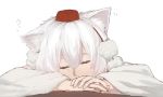  1girl albino animal_ears closed_eyes hat inubashiri_momiji long_sleeves pom_pom_(clothes) short_hair simple_background sleeping solo terimayo tokin_hat touhou upper_body white_background white_hair wide_sleeves wolf_ears 