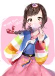  1girl arm_behind_back bangs braid brown_eyes brown_hair bubble_blowing chewing_gum commentary_request d.va_(overwatch) hair_ornament hanbok heart korean korean_clothes lib looking_at_viewer overwatch palanquin_d.va pink_skirt sidelocks single_braid skirt solo swept_bangs upper_body v whisker_markings 