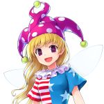  1girl american_flag_dress bangs blonde_hair breasts clownpiece commentary_request ebizome fairy_wings hat highres jester_cap long_hair looking_at_viewer medium_breasts neck_ribbon polka_dot ribbon short_sleeves simple_background smile solo star star_print striped touhou upper_body violet_eyes white_background wings 