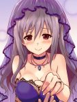  1girl bare_shoulders blush breasts choker cleavage elbow_gloves engagement_ring fishnet_gloves fishnets gloves grey_hair hair_down idolmaster idolmaster_cinderella_girls jewelry kanzaki_ranko large_breasts long_hair looking_at_viewer necklace red_eyes single_elbow_glove smile solo_focus tears upper_body uraichishi veil 