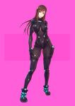  1girl arms_at_sides bangs black_bodysuit bodysuit breasts brown_eyes brown_hair covered_navel curvy full_body gantz gantz_suit highres large_breasts long_hair looking_at_viewer parted_lips pink_background shimohira_reika skin_tight smile solo spandex standing swept_bangs yuuji_(and) 