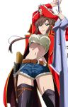  1girl arms_up belt black_legwear blue_shorts breasts brown_hair cape crop_top denim denim_shorts erect_nipples floating_hair green_eyes grey_shirt groin gun hat holding holding_sword holding_weapon holster kirasaka_sayaka long_hair medium_breasts midriff navel pirate_hat red_cape red_hat shirt short_shorts shorts solo standing strike_the_blood sword thigh-highs transparent_background under_boob weapon 