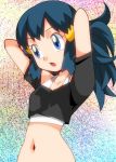 1girl :o adjusting_hair alternate_costume arms_up blue_eyes blue_hair breasts crop_top hainchu hikari_(pokemon) looking_to_the_side midriff navel open_mouth pokemon pokemon_(anime) solo stomach upper_body 