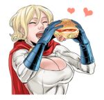  1girl blonde_hair breasts cape cleavage cleavage_cutout closed_eyes dc_comics food hamburger heart large_breasts lowres open_mouth power_girl ricken smile solo superhero transparent_background upper_body 