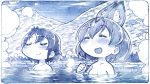  2girls :d ^_^ animal_ears bathing blue blush breasts clenched_hand closed_eyes closed_mouth collarbone eyebrows_visible_through_hair graphite_(medium) hair_between_eyes kaban_(kemono_friends) kemono_friends medium_breasts mountain multiple_girls open_mouth outdoors partially_submerged sakino_shingetsu serval_(kemono_friends) serval_ears short_hair sky smile steam traditional_media 