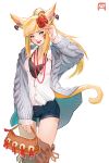  1girl absurdres animal_ears blonde_hair blue_eyes casual cat_ears cat_tail earrings facial_mark final_fantasy final_fantasy_xiv flower hair_flower hair_ornament highres jewelry long_hair miqo&#039;te necklace pechan shorts simple_background solo standing tail 