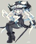  1girl black_gloves black_legwear boots breasts eyebrows_visible_through_hair gloves green_eyes high_heel_boots high_heels iroyopon kantai_collection large_breasts looking_at_viewer medium_hair pantyhose puddle sitting solo thigh-highs white_hair wo-class_aircraft_carrier 