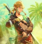  1boy arrow azutarou bare_chest blonde_hair blue_eyes blue_sky blush bow_(weapon) coat coconut_tree collarbone crossbow day gloves link navel outdoors palm_tree pointy_ears ponytail sky solo stomach sweat sword the_legend_of_zelda the_legend_of_zelda:_breath_of_the_wild tree undressing weapon 