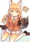  1girl animal_ears bangs black_gloves black_shoes blonde_hair blush closed_mouth eyebrows_visible_through_hair ezo_red_fox_(kemono_friends) fox_ears fox_shadow_puppet fox_tail gloves hand_up highres japari_symbol kemono_friends loafers long_hair looking_at_viewer pleated_skirt sencha_(senta_10) shoes sitting skirt smile solo tail wariza white_skirt yellow_eyes 