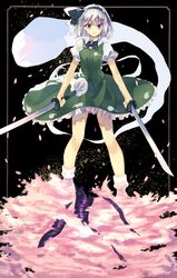  1girl bangs bei_mochi black_bow black_bowtie black_ribbon blue_eyes bobby_socks bow bowtie cherry_blossoms dual_wielding frilled_skirt frills full_body green_skirt green_vest hair_ribbon hairband holding holding_sword holding_weapon katana konpaku_youmu konpaku_youmu_(ghost) looking_at_viewer puffy_short_sleeves puffy_sleeves ribbon saigyou_ayakashi scabbard sheath short_hair short_sleeves silver_hair skirt skirt_set smile socks solo standing sword touhou vest weapon 