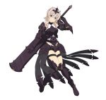  1girl armor armored_boots black_shorts boots bow detached_sleeves full_body gauntlets grey_hair hair_bow hair_ornament headband holding holding_weapon knee_boots looking_at_viewer red_eyes short_hair_with_long_locks short_shorts shorts sidelocks simple_background smile solo standing strea sword_art_online thigh_strap weapon white_background 