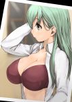  1girl black_bra blurry blurry_background bra breasts collarbone green_eyes green_hair hair_between_eyes highres kantai_collection large_breasts long_hair long_sleeves open_clothes open_shirt photo_(object) shirt siesta_(artist) solo suzuya_(kantai_collection) underwear white_shirt 