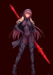  1girl armor bodysuit breasts breasts_apart covered_navel cowboy_shot erect_nipples fate/grand_order fate_(series) full_body gae_bolg glowing glowing_eyes hand_on_hip high_heels highres holding holding_weapon long_hair looking_to_the_side medium_breasts parted_lips pauldrons pink_hair polearm purple_bodysuit red_eyes reflective_floor scathach_(fate/grand_order) shoulder_armor solo spear very_long_hair weapon yuuji_(and) 