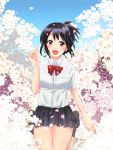  1girl alternate_eye_color artist_request black_hair black_legwear day flower hair_ribbon highres kimi_no_na_wa kneehighs looking_at_viewer miyamizu_mitsuha petals red_eyes red_ribbon ribbon school_uniform seiza sitting 