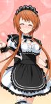  1girl black_apron black_bow black_bowtie blush bow bowtie brown_hair choker closed_eyes cowboy_shot dress eyebrows_visible_through_hair frilled_dress frills garters maid maid_headdress nisekoi short_hair_with_long_locks short_sleeves sidelocks smile solo standing tachibana_marika white_dress wrist_cuffs 