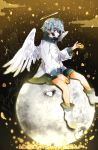  androgynous angel baggy_clothes blue_eyes blue_hair clouds dolphin feathered_wings fish full_body glowing halo highres long_sleeves looking_at_viewer moon original pale_skin poncho shoes short_hair shorts signature sitting smile solo sparkle whale wings yuuo0 