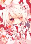  1girl ahoge alternate_eye_color bangs blush bow chibi colored_eyelashes floral_background fujiwara_no_mokou hair_bow hands_up highres looking_at_viewer muuran one_eye_closed patterned_background pink_eyes sidelocks silver_hair smile solo touhou translation_request upper_body 
