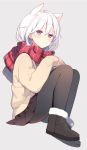  1girl animal_ears black_legwear boots cardigan cat_ears full_body grey_background hands_in_sleeves lavender_hair long_sleeves mayachi_(amuriya) original pantyhose pleated_skirt red_scarf scarf school_uniform simple_background sitting skirt solo violet_eyes 