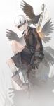  1boy android bird bird_wings blindfold boots buckle choker collarbone gloves highres katana koou_ma lips long_sleeves male_focus nier_(series) nier_automata pale_skin short_hair shorts sitting solo strap sword weapon weapon_on_back white_hair wings yorha_no._9_type_s 
